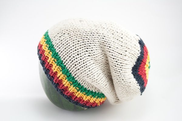 Beanie White Long Small Stripes Green Yellow Red Black