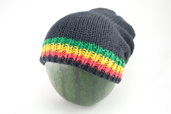 Beanie Black Long Forehead And Top Stripes Green Yellow Red Black