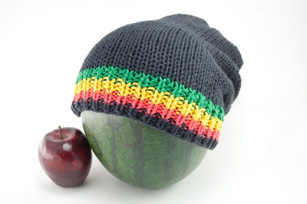 Beanie Black Long Forehead And Top Stripes Green Yellow Red Black