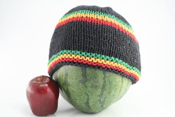Beanie Black Short Forehead and Middle Stripes Green Yellow Red