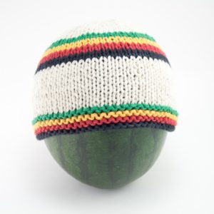Rasta Beanie Short Handknitted White Bonnet With Green Yellow Red and Black Stripes