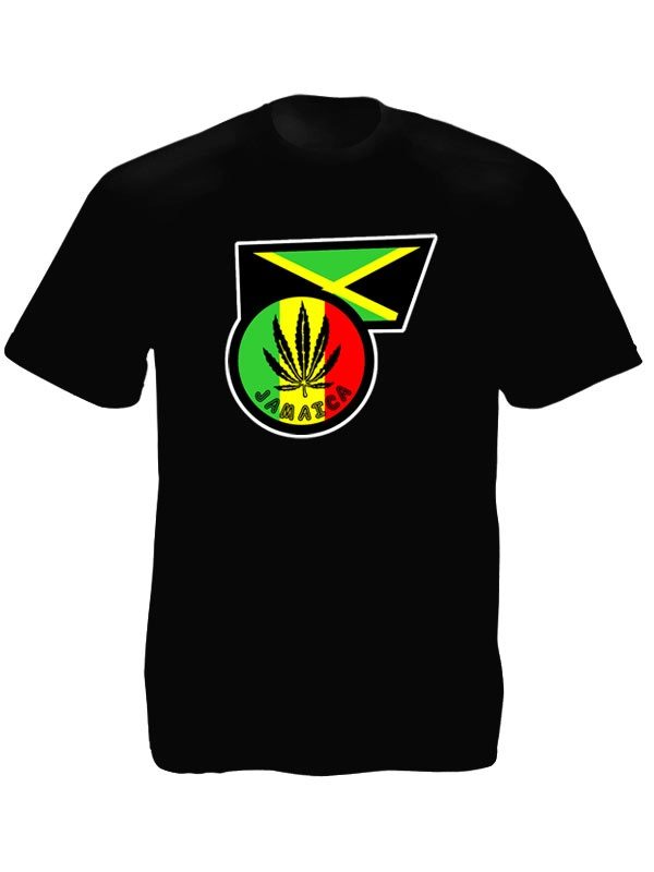 Ganja Leaf Jamaica Flag Black Tee-Shirt