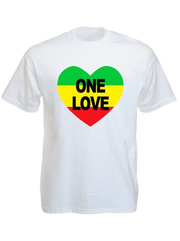 One Love Rasta Colors Heart White Tee-Shirt