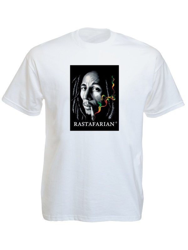 Bob Marley Rastafarian Smoking Joint White Tee-Shirt