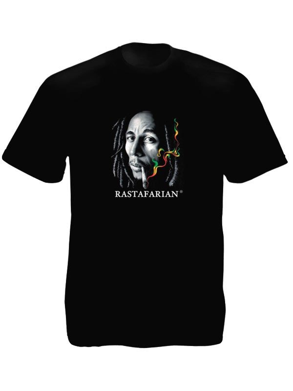 Bob Marley Rastafarian Smoking Joint Black Tee-Shirt