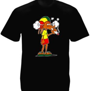 Cartoon Rastaman Smoking Joint Black T-Shirt Short Sleeves