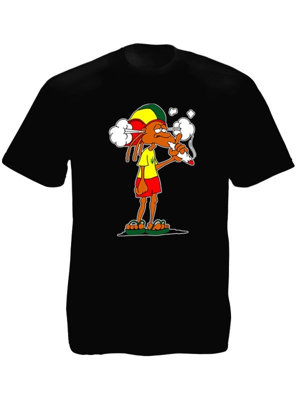 Cartoon Rastaman Smoking Joint Black T-Shirt Short Sleeves