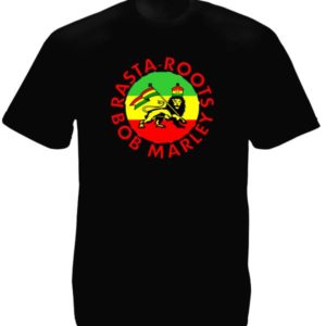 Bob Marley Rasta-Roots Black T-Shirt Short Sleeves Rastafari Lion