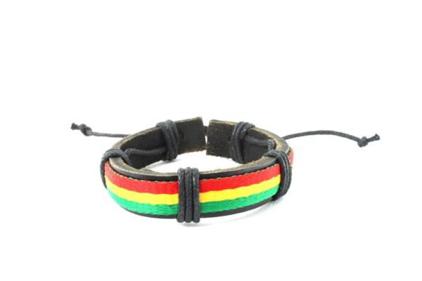 Leather Wristband Green Yellow Red Stripes Cuff