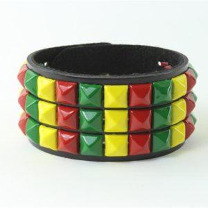 Bracelet Green Yellow Red Leather And Metal