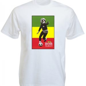 Bob Marley Soccer White T-Shirt Short Sleeves Green Yellow Red Flag
