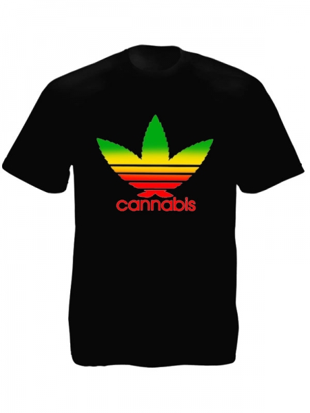 Cannabis Adidas Black T-Shirt Short Sleeves Rasta Colors Logo