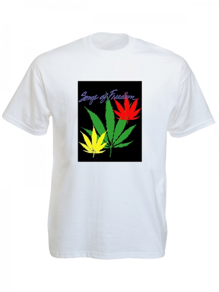 Songs of Freedom Green Yellow Red Cannabis Leaves White T-Shirt Short Sleeves